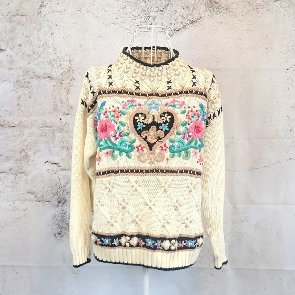 Beldoch Popper Vintage Floral Heart Heavy Knit Cream Sweater Womens Size M